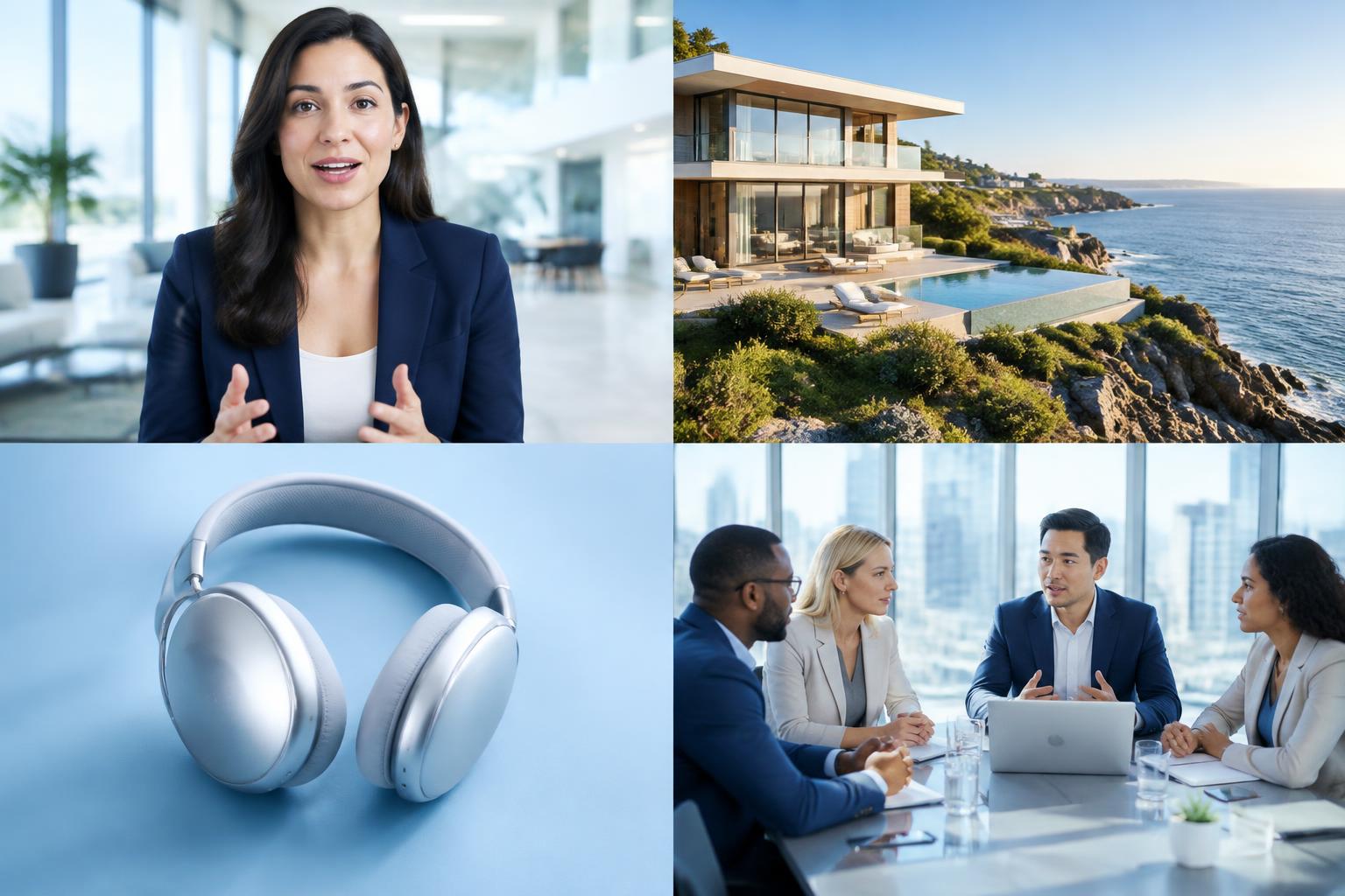 AI-generated showcase of a professional presenter, cinematic property scene, product advertisement, and corporate communications